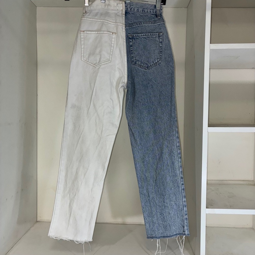 PACSU‎ N Two Tone Split Denim Jeans High Rise Straight Leg Raw Hem Women Size 24